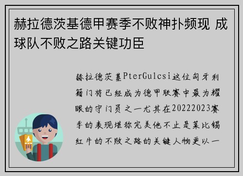 赫拉德茨基德甲赛季不败神扑频现 成球队不败之路关键功臣